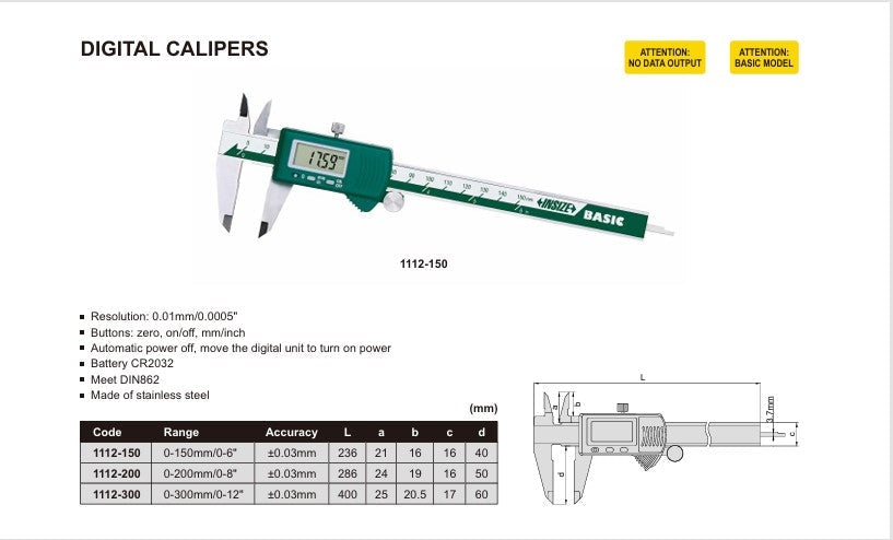 Insize DIGITAL CALIPER 6/8/12 inch (Basic Type) 1112