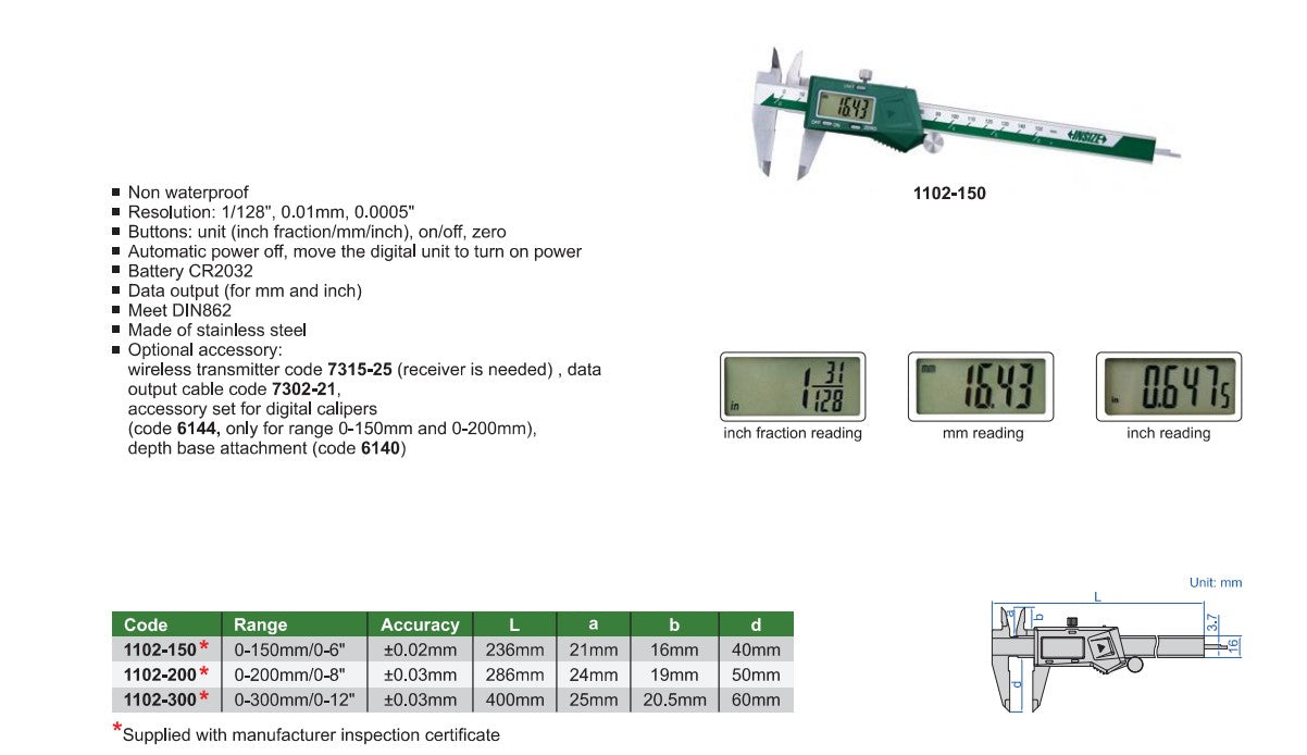 INSIZE DIGITAL CALIPERS (FRACTION READING )-1102