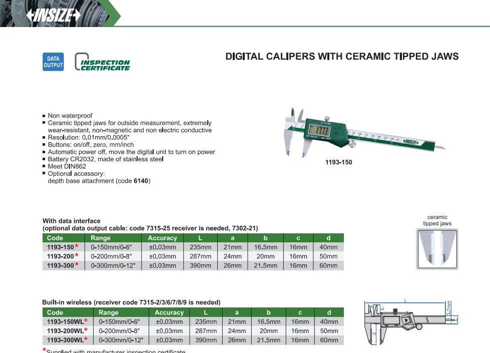 Insize ceramic tipped digital calipers