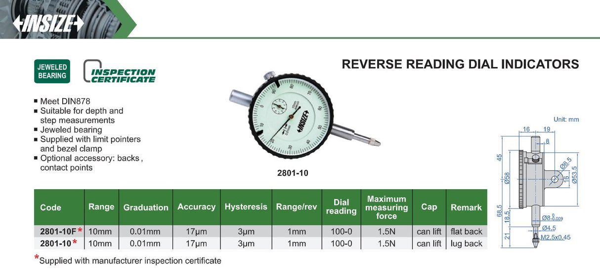 INSIZE REVERSE READING DIAL INDICATOR Range 10mm (2801-10)
