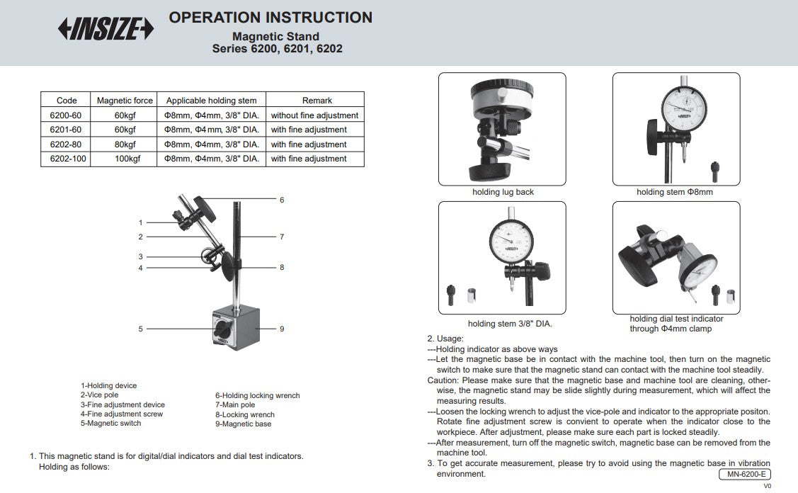 Insize magnetic stand operating instructions