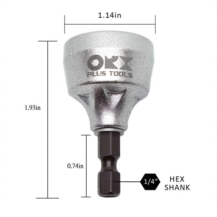 External deburring chamfer bit attached to power drill repairing damaged metal bolt