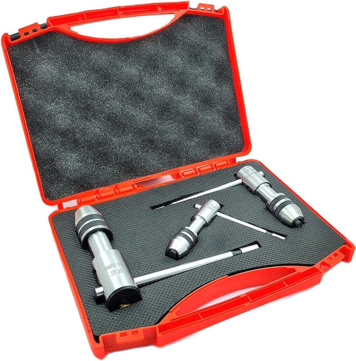 Set of 3 ratcheting T-handle tap wrenches in open red foam-lined case