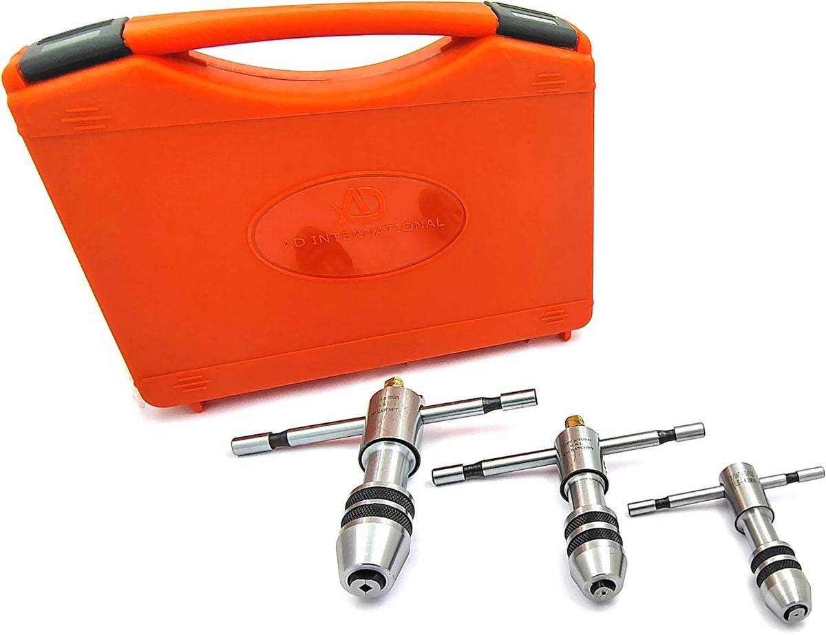 Set of 3 ratcheting T-handle tap wrenches in front of orange carrying case