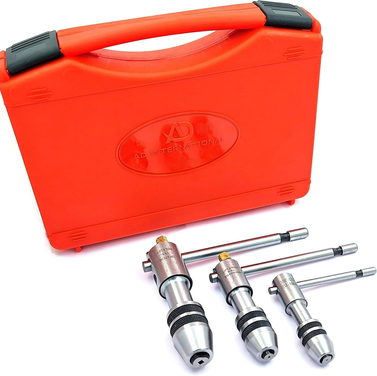 Set of 3 ratcheting T-handle tap wrenches in front of red carrying case