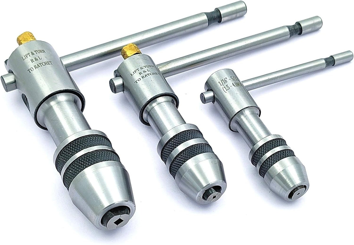 Set of 3 ratcheting T-handle tap wrenches with knurled steel chucks