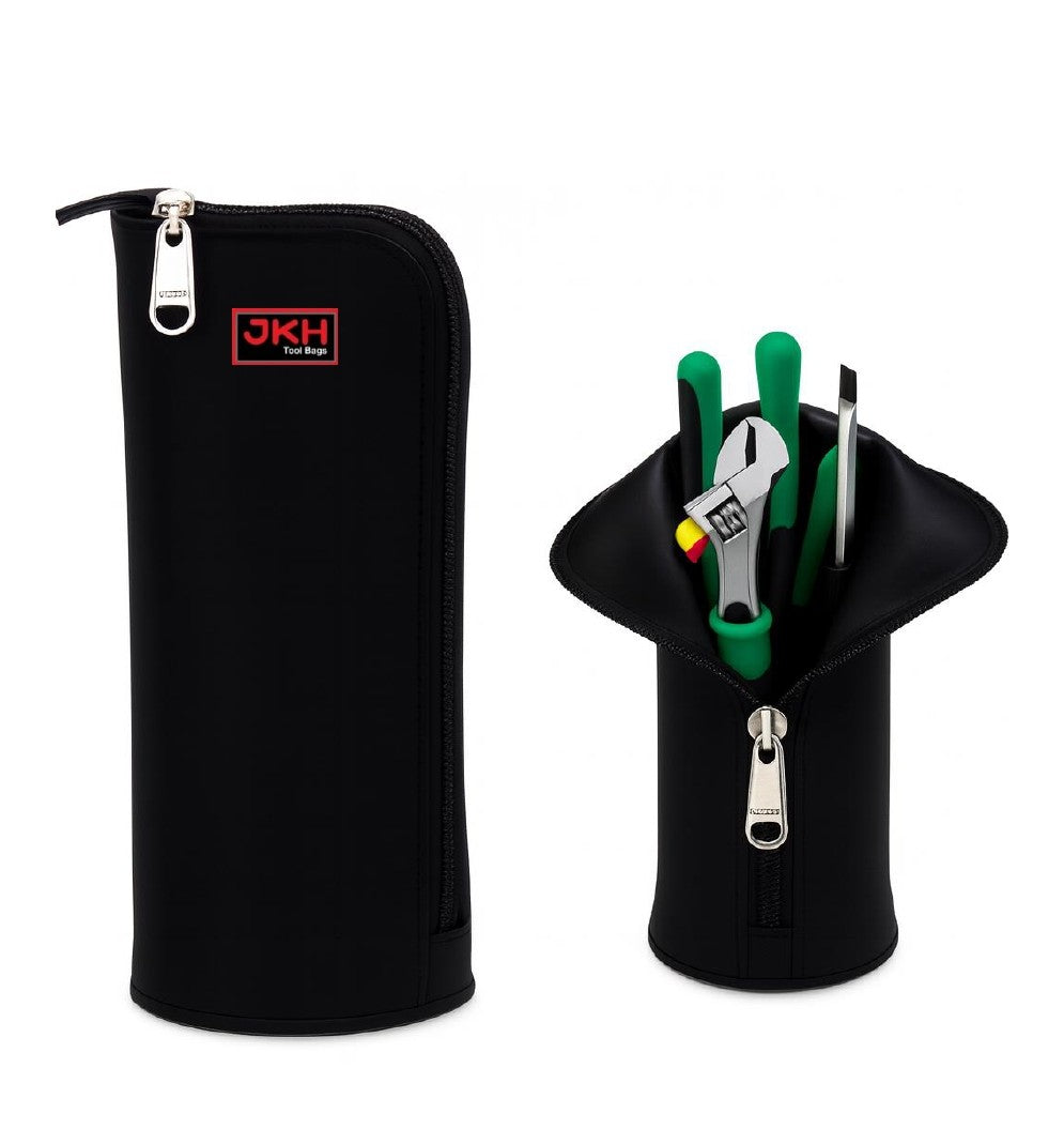 Black tool pouch with tools