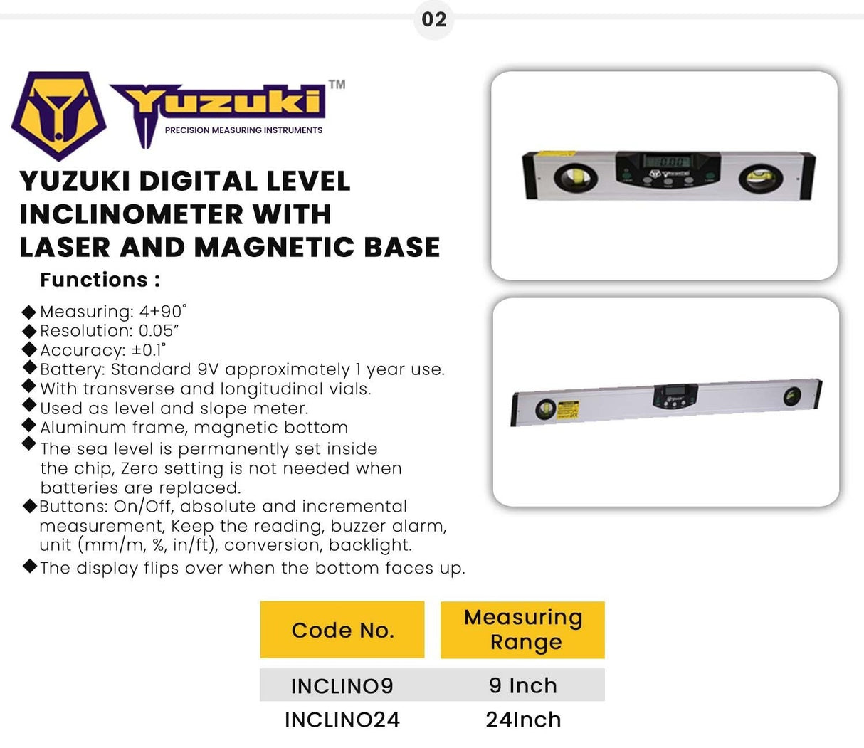 Yuzuki Digital Level Inclinometer With Magnetic Base And Laser 9"/225mm.
