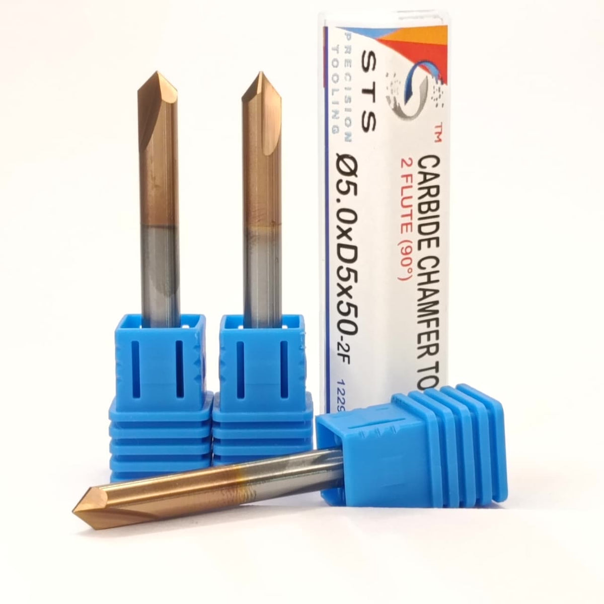 Two carbide drill bits in blue holders