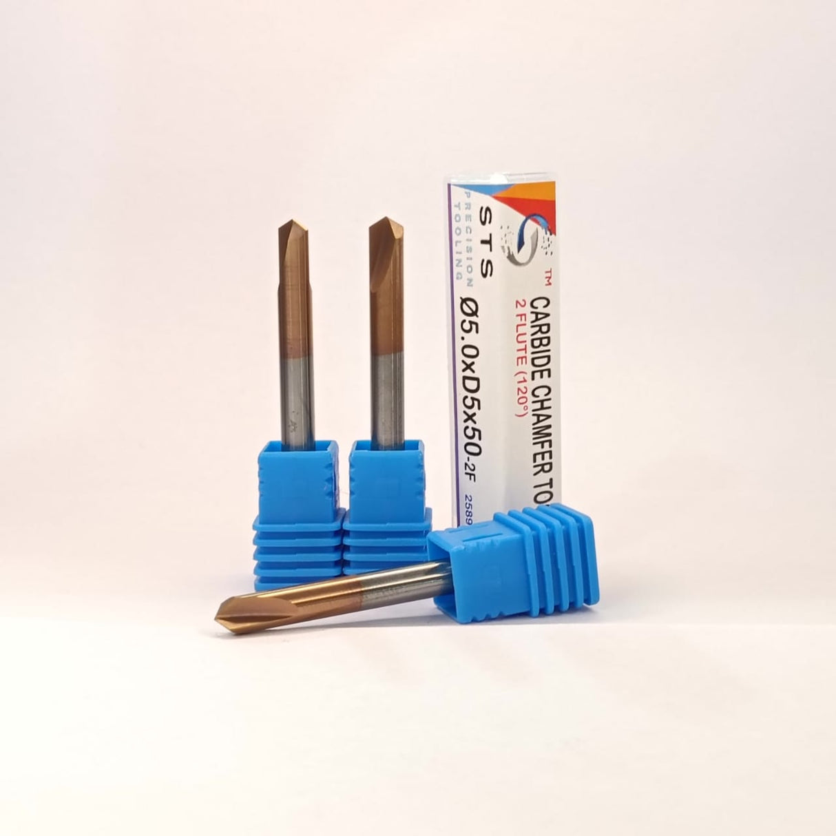 Two carbide chamfer tools with blue holders