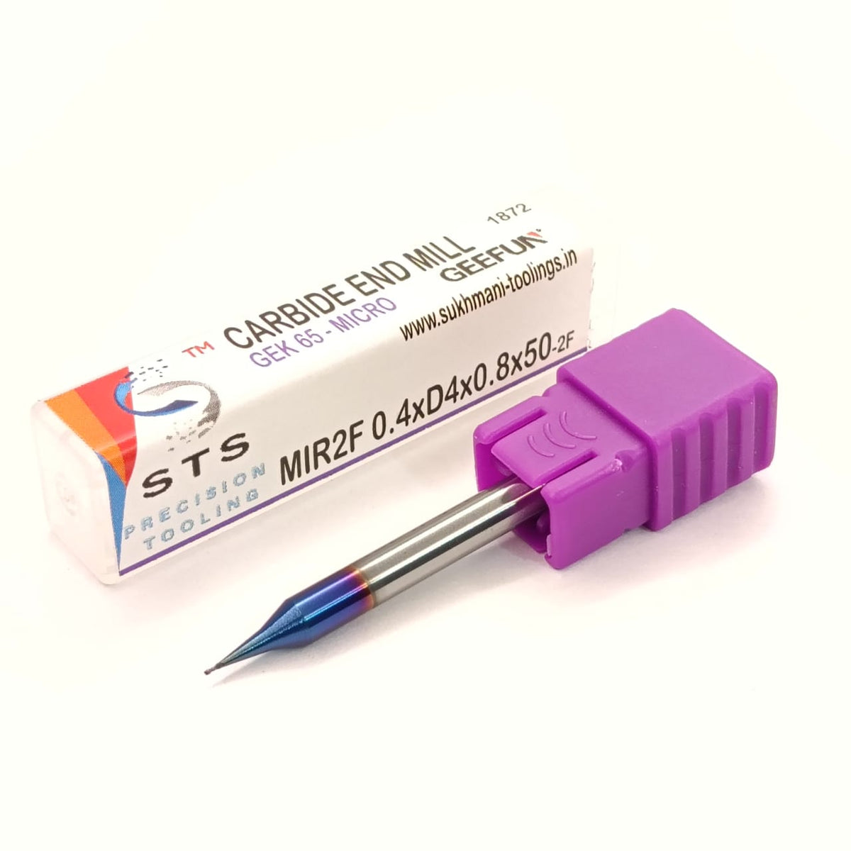 Purple carbide end mill with a visible brand