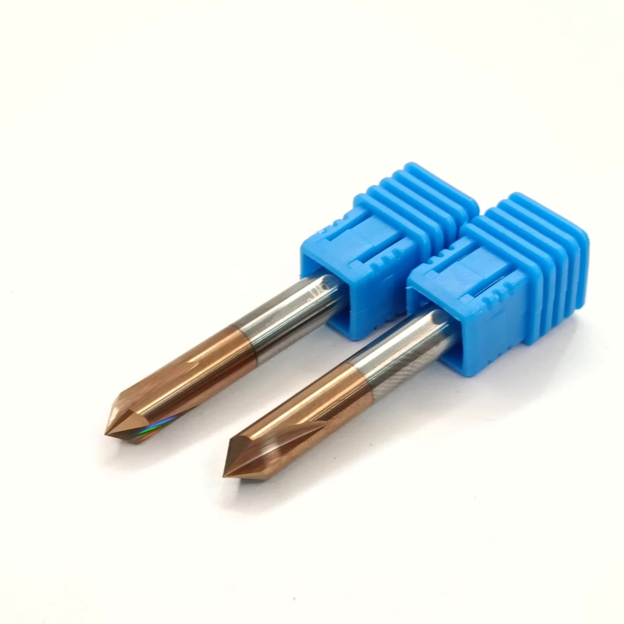 Two metal drill bits with blue plastic handles