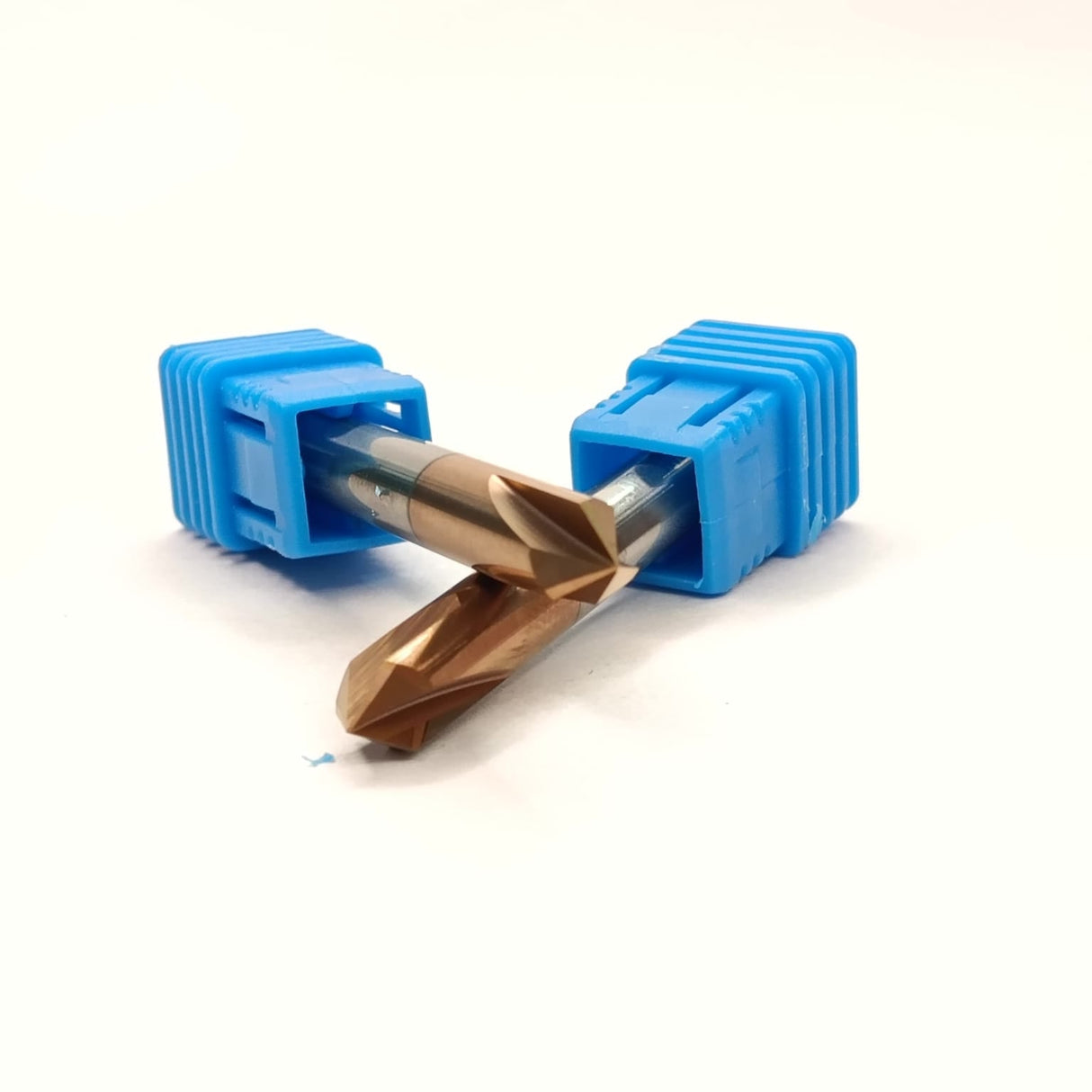 Metal drill bit with blue protective covers