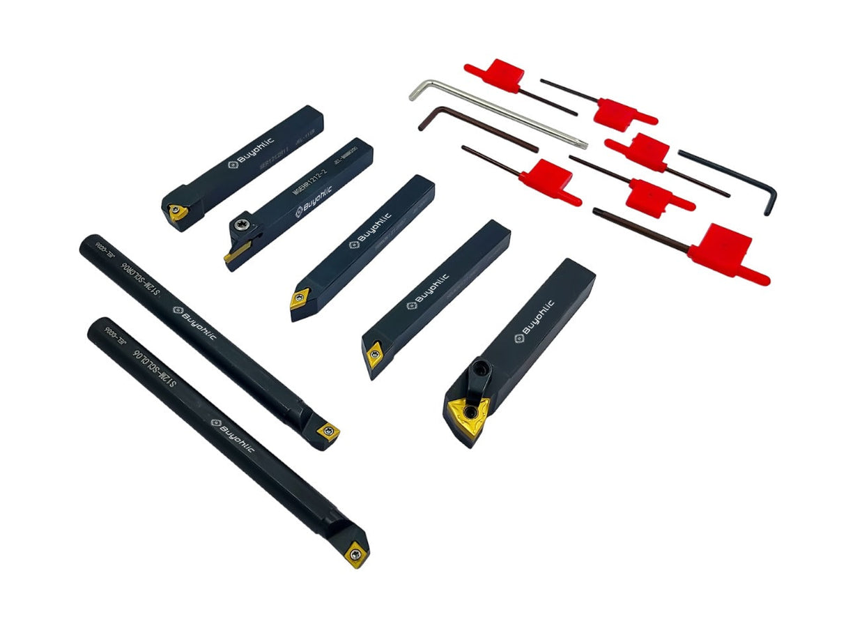 Buyohlic 7 Pieces Carbide Turning Tool Set Indexable Lathe Turning / Grooving / Threading Tool with Tin Coated Carbide Inserts Turning insert