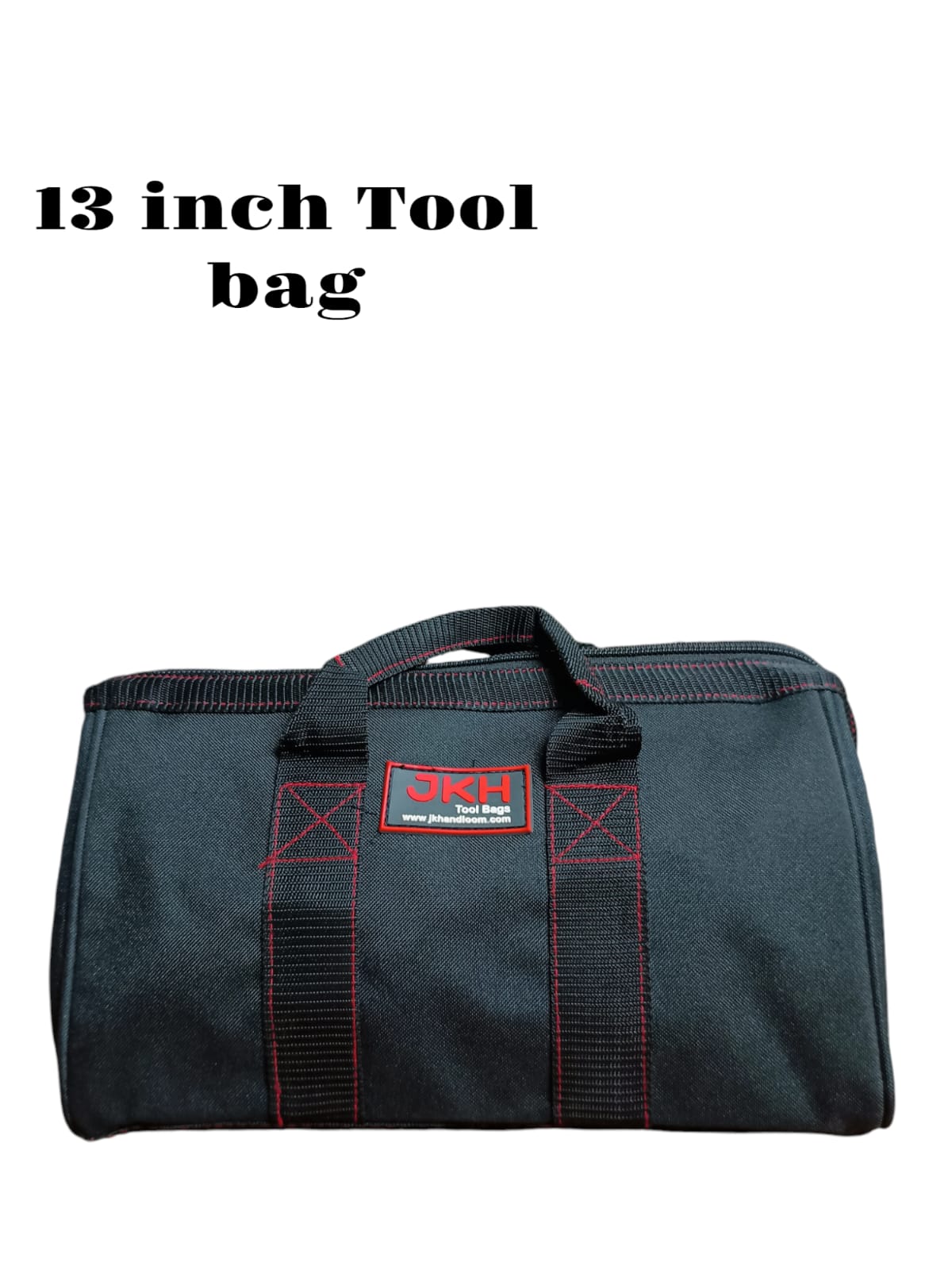 Black tool bag with red stitching and a visible brand logo