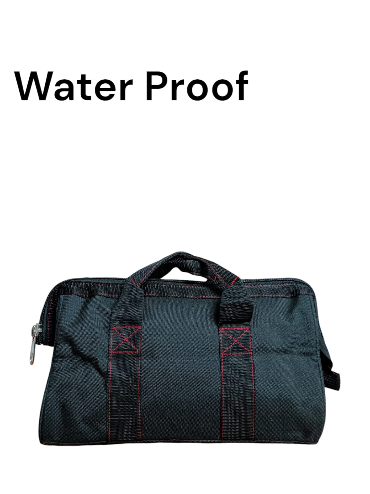Black waterproof bag with red stitching
