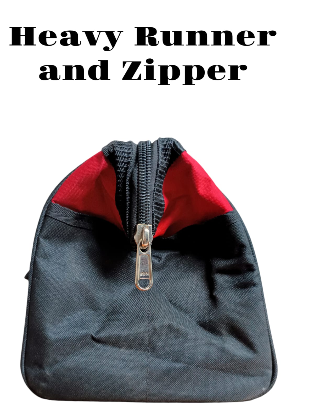 Black bag with a red interior and zipper