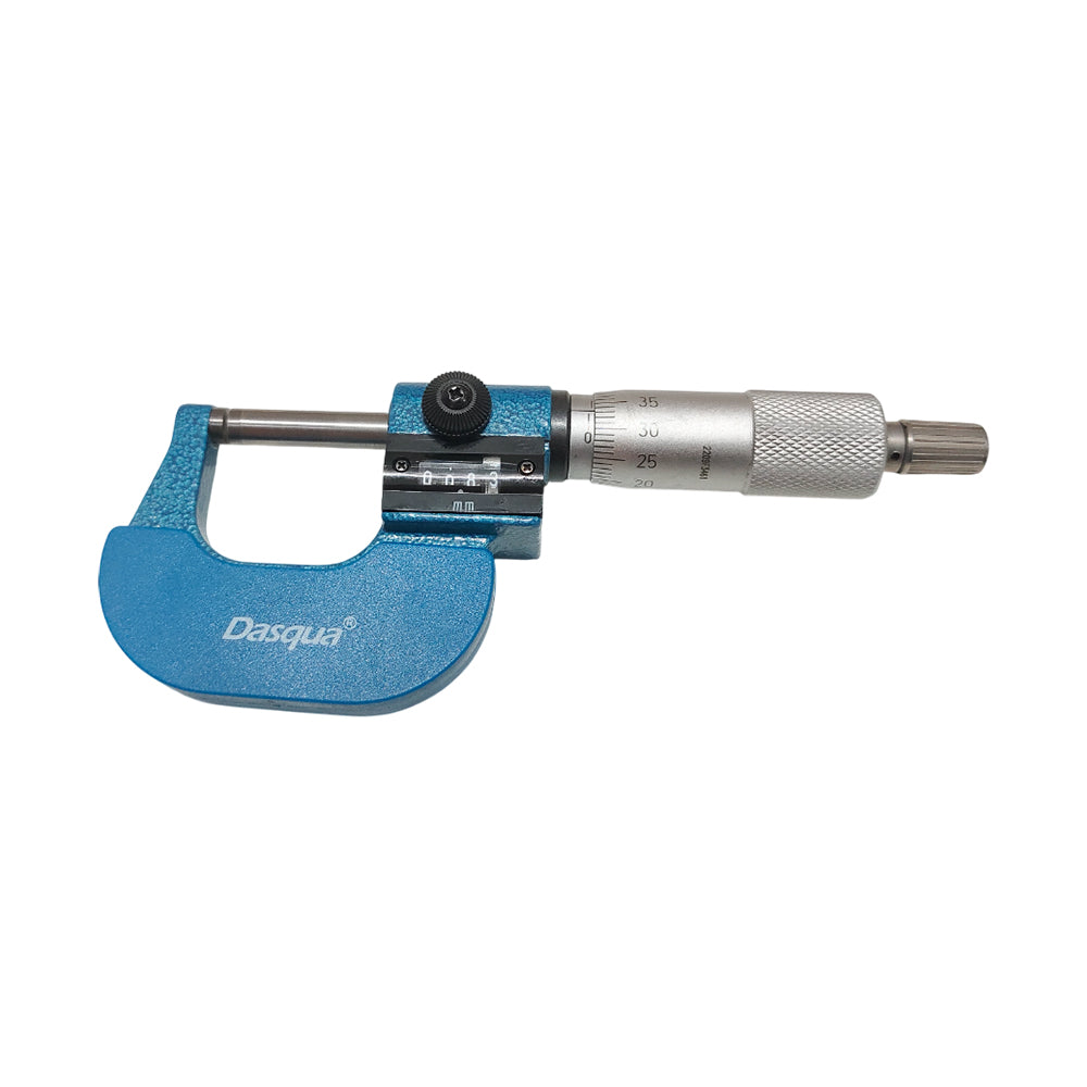 Micrometer with blue anvil and silver spindle
