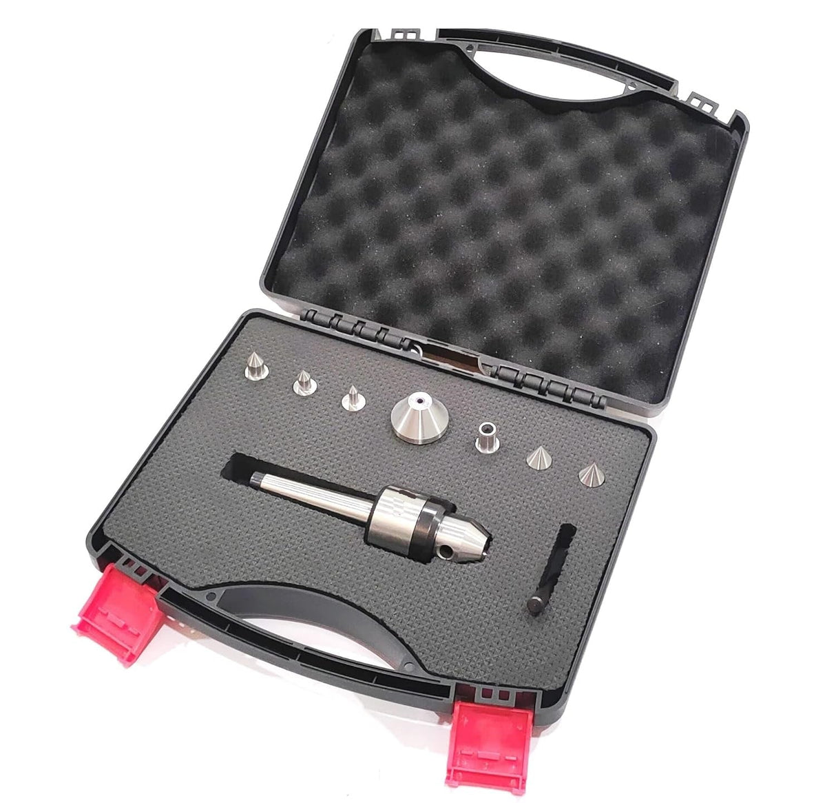 Lathe tailstock center kit with multiple attachments and accessories