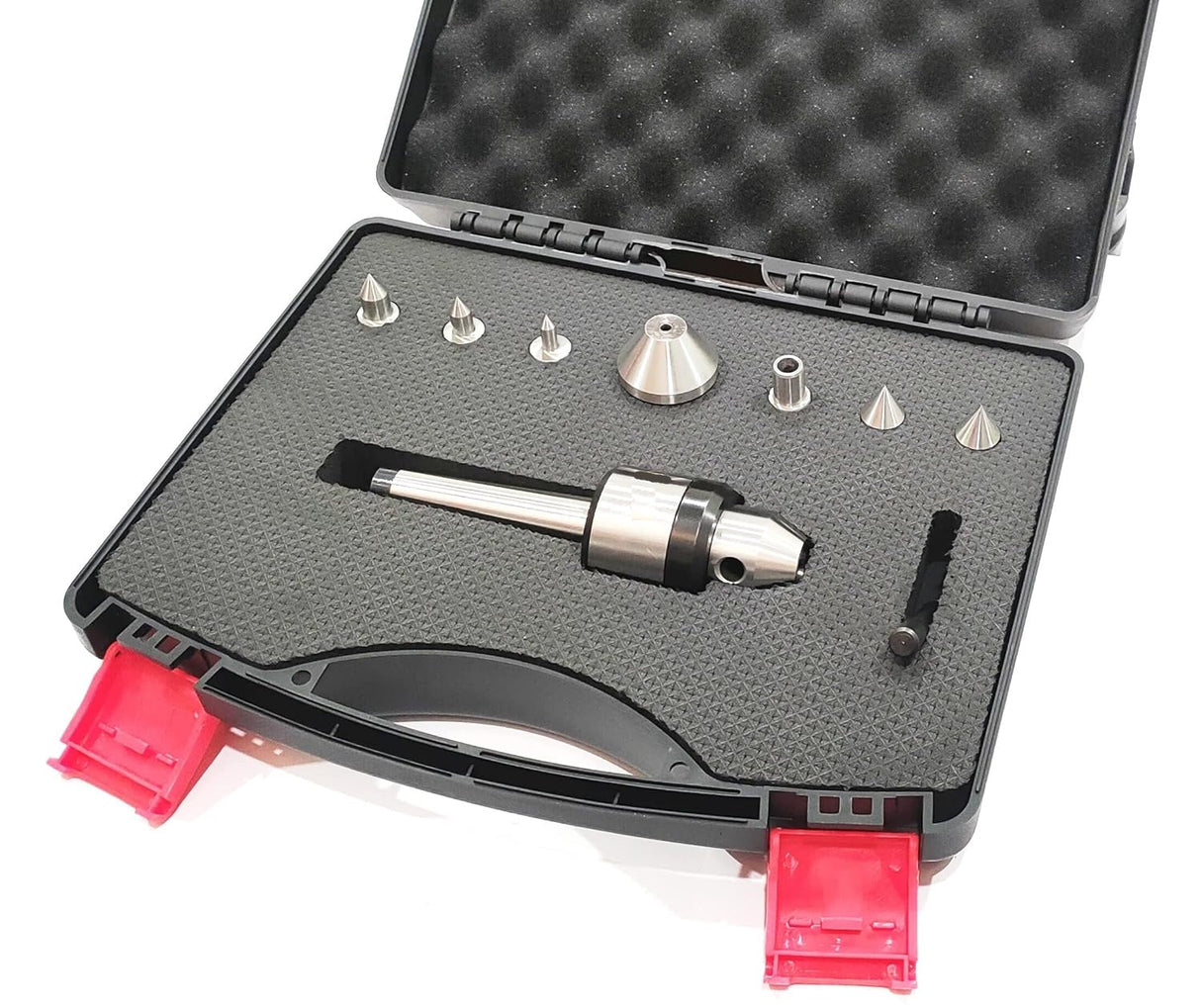 Lathe tailstock center components arranged in foam storage case