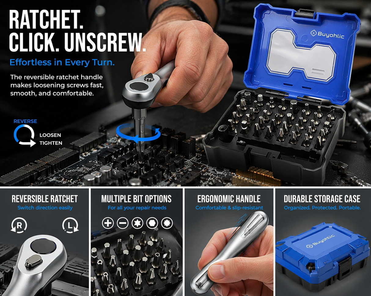 Multi-Bit Ratchet Screwdriver Set with Reversible Handle & Storage Case
