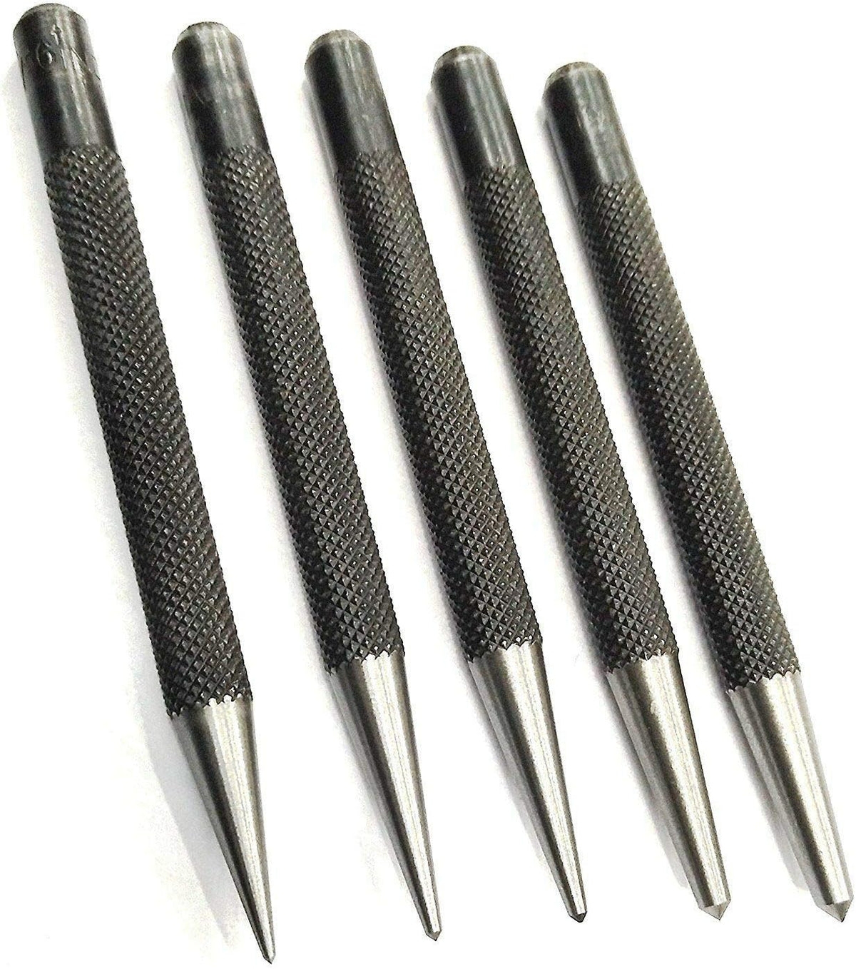 Set of 5 round head center punches with knurled steel bodies