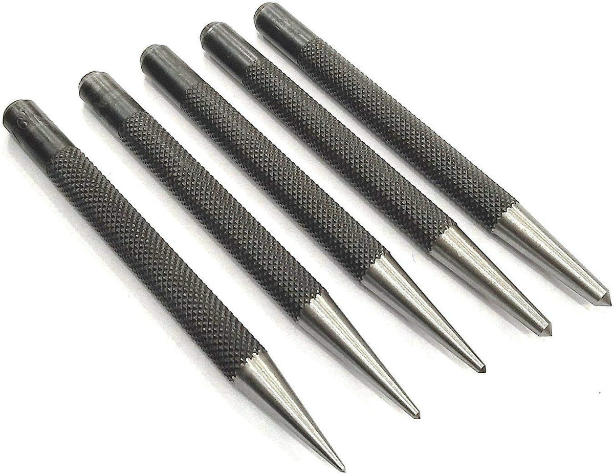 Set of 5 round head center punches with knurled steel bodies
