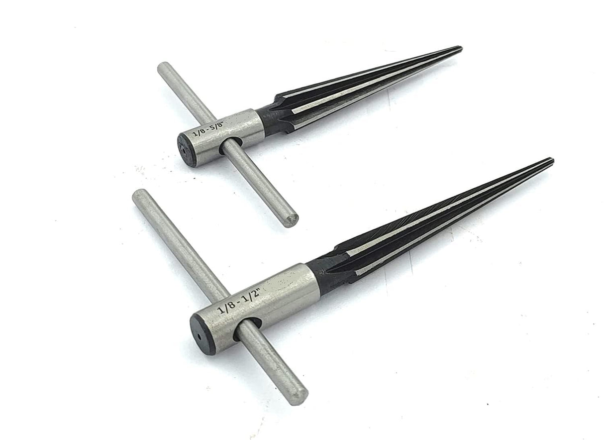 Set of 2 T-handle hand taper reamers (1/8"-1/2" & 1/8"-5/8")