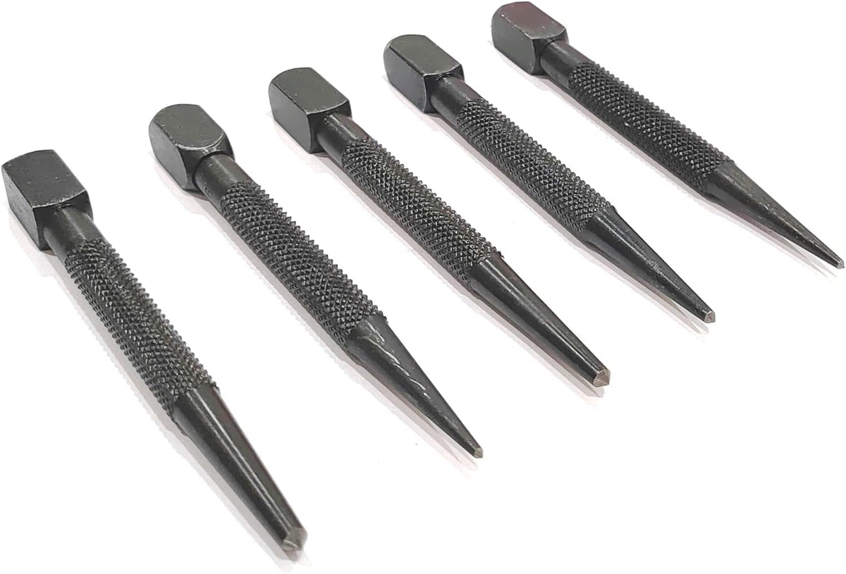Set of 5 square head center punches with knurled bodies