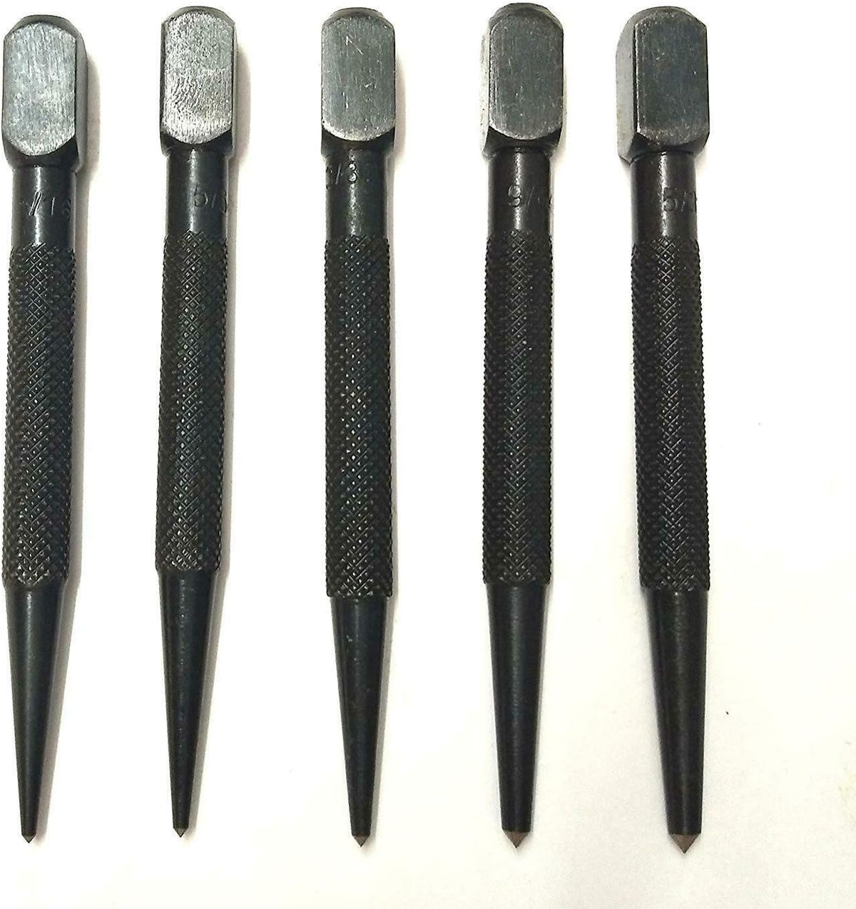 Set of 5 square head center punches with knurled steel bodies