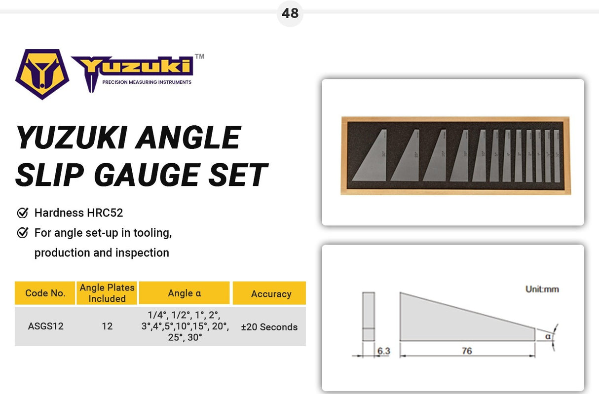 Yuzuki Angle Slip Gauge Set 12 Pcs.