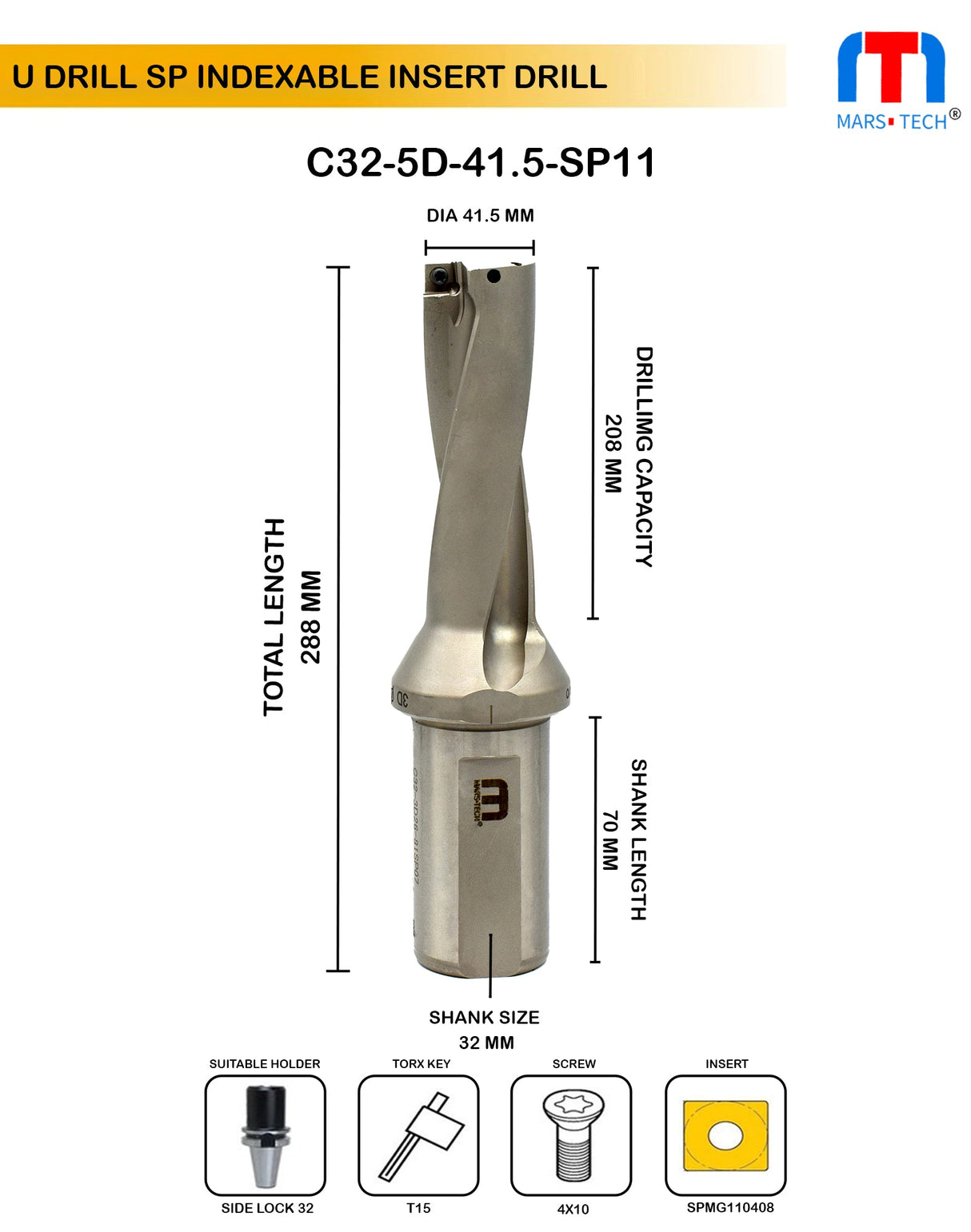 U drill 41.5 mm carbide insert drill