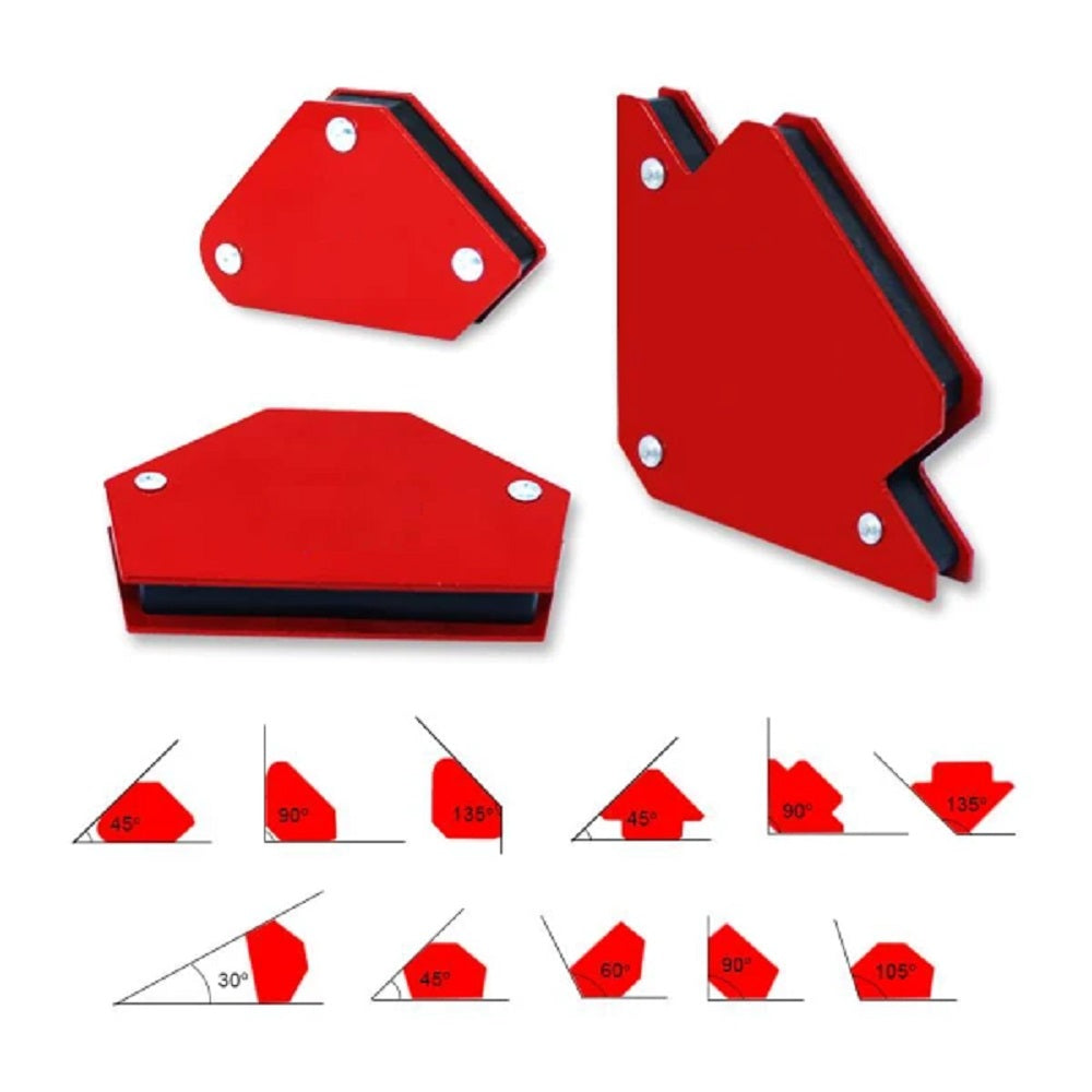 Red magnetic welding clamps showing multi-angle holding positions