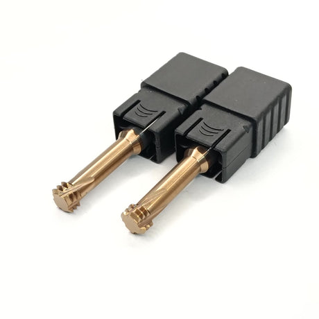 Two black connectors with gold ends