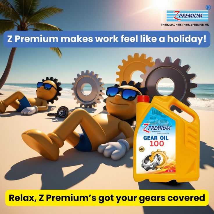 Z Premium gear oil container with cartoon sunbathing character 