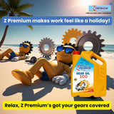 Z Premium gear oil container with cartoon sunbathing character 