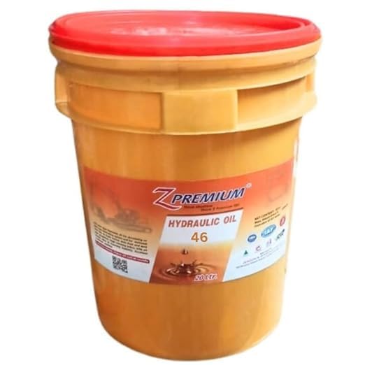 Yellow bucket of Z Premium hydraulic oil with a red lid