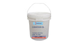 White bucket of conveyor oil with a visible brand logo