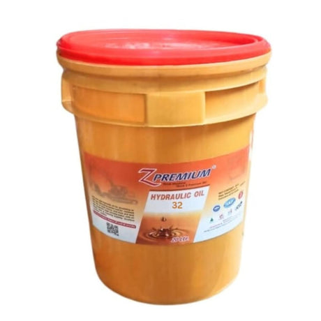 Yellow bucket of Z Premium hydraulic oil with a red lid