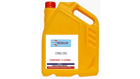 Yellow CNG oil container with a label 