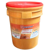 Yellow bucket with red lid labelled 