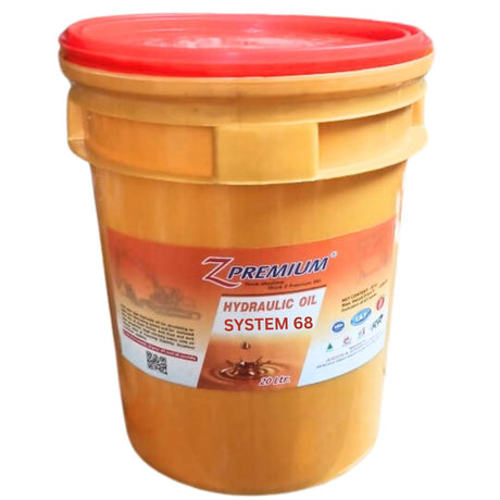 Yellow bucket with red lid labeled 'Z Premium Hydraulic Oil System