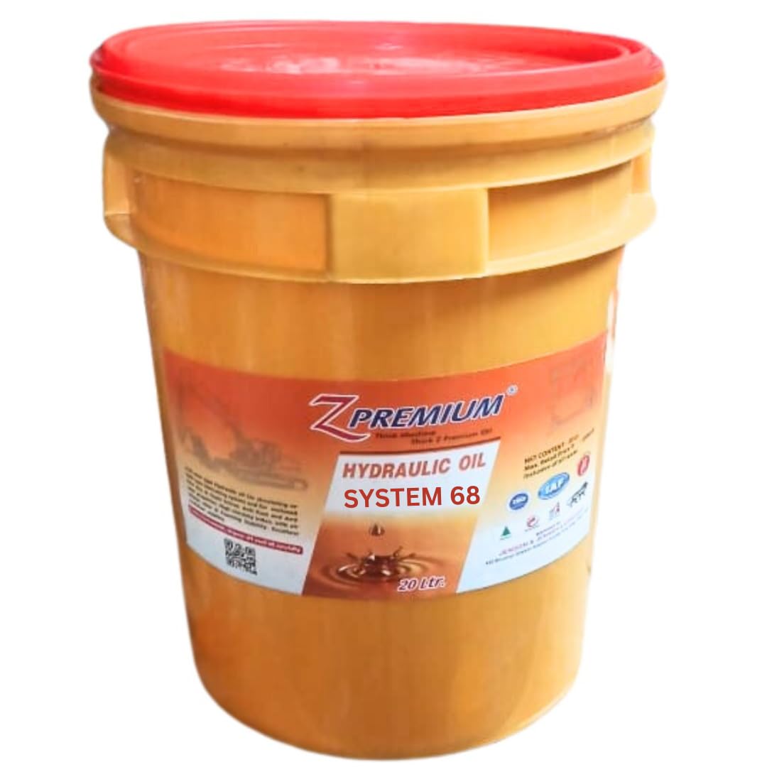 Yellow bucket with red lid labelled 'Z Premium Hydraulic Oil 