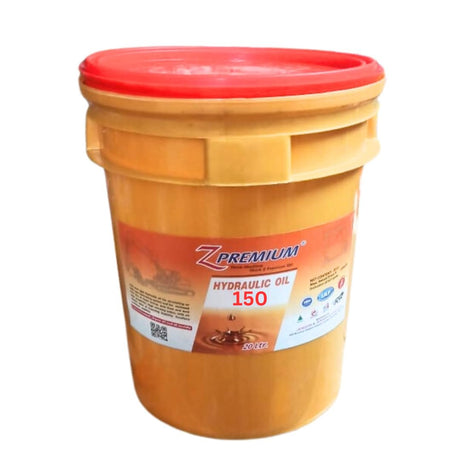 Yellow bucket of Z Premium hydraulic oil with a red lid 