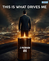 Man in a suit standing next to a barrel labeled 'Z Premium Oil' 