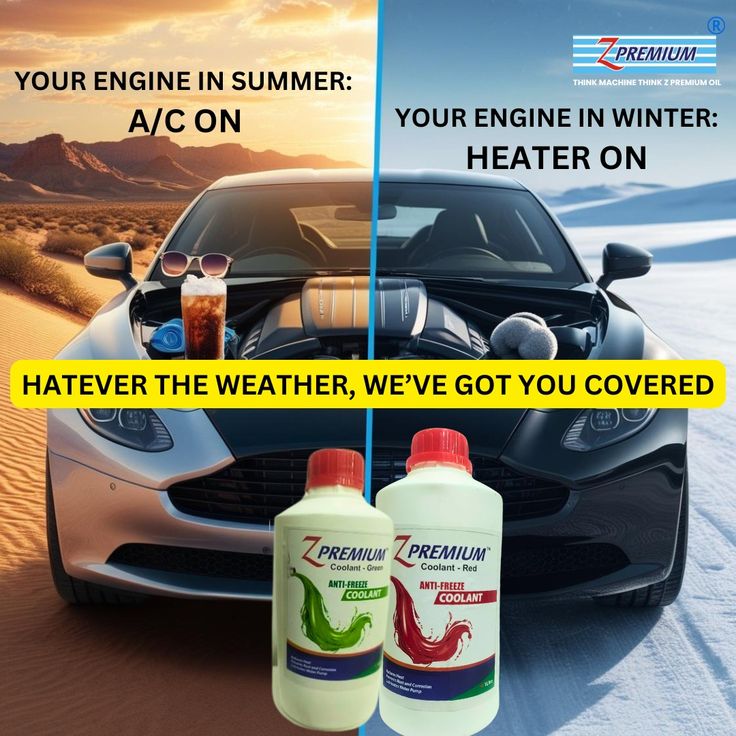 Two cars in different weather with Z Premium coolant bottles 