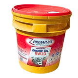 Yellow bucket of Z Premium synthetic engine oil with red lid 