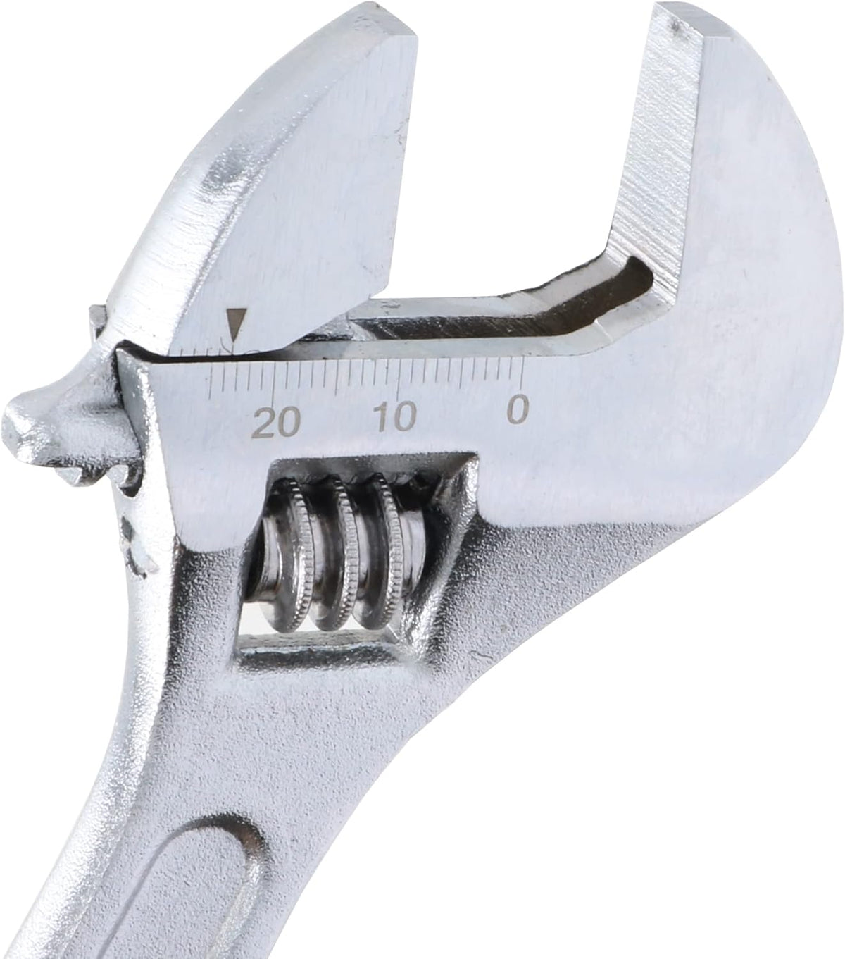 Close-up of Silver Adjustable Wrench Jaw with Scale