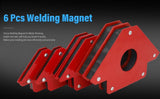 Set of 6 red arrow magnetic welding clamps in multiple sizes