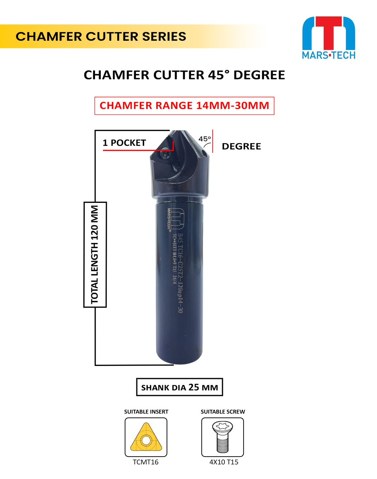 Carbide chamfer cutter 45° 14–30 mm